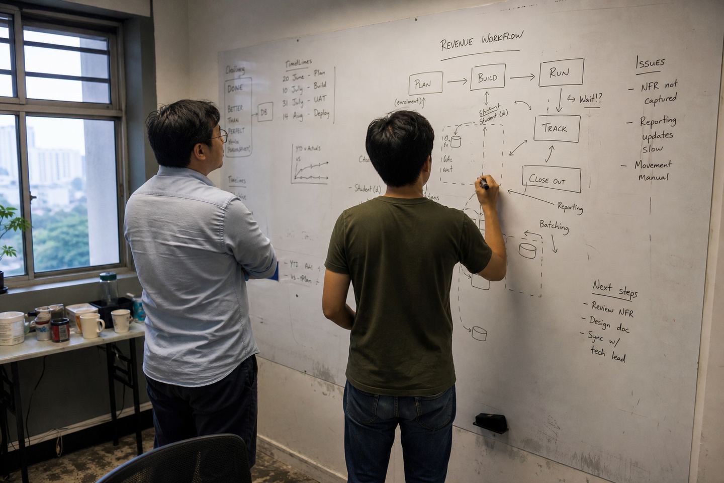 Working session mapping a live process on a whiteboard